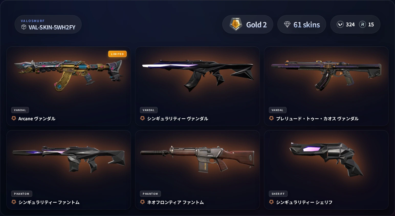VALORANTスキンアカウント VAL-SKIN-5WH2FY ゴールド2 61スキン